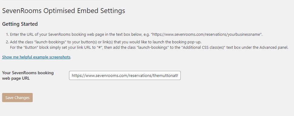 Screenshot showing a text box to enter the URL of your SevenRooms booking web page on the settings page for SevenRooms Optimised Embed plugin.