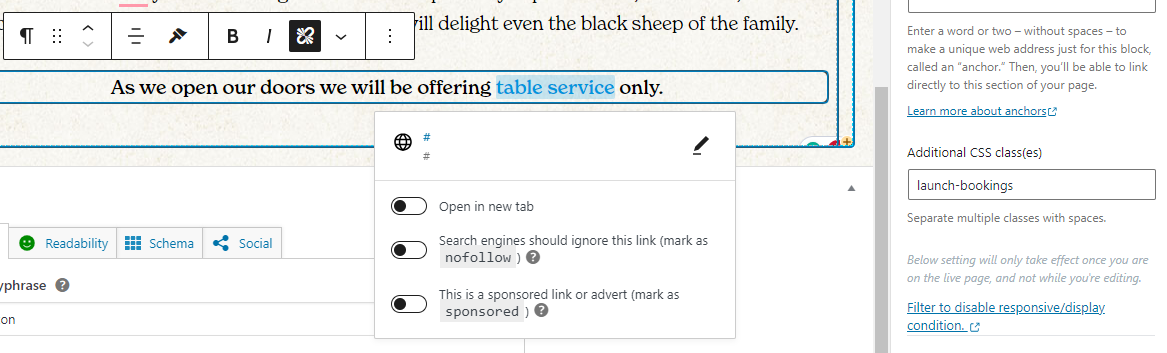 Screenshot showing how to add a link and additional CSS class to launch the SevenRooms reservations pop-up.