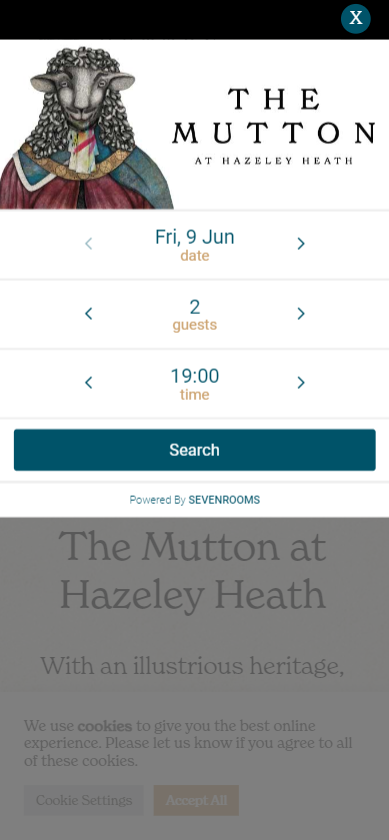 Screenshot showing the SevenRooms reservations pop-up on mobile interface generated by the SevenRooms Optimised Embed plugin for WordPress.