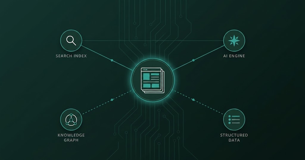 Diagram connecting a web page icon to Search Index, AI Engine, Knowledge Graph, and Structured Data