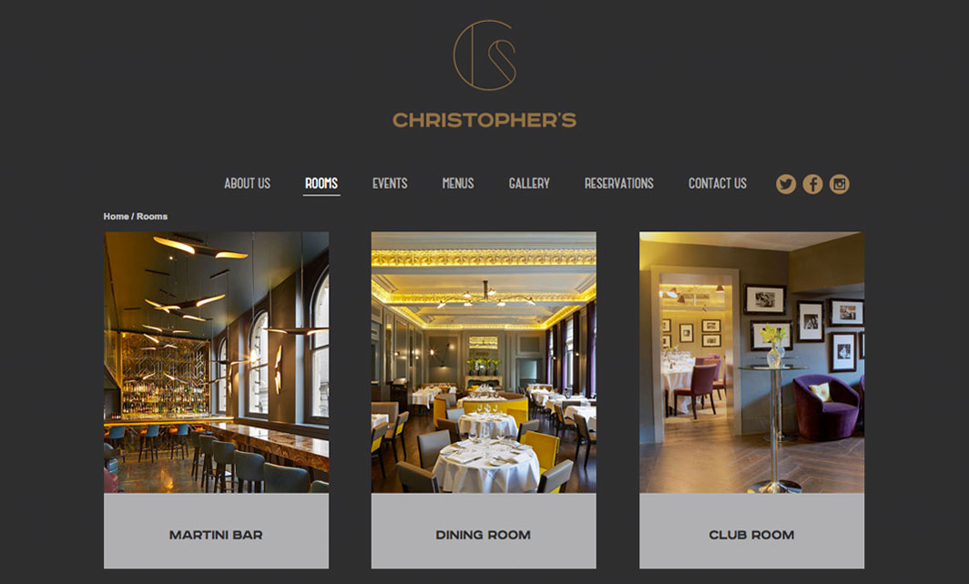 Christopher's Restaurant website design, Rooms page