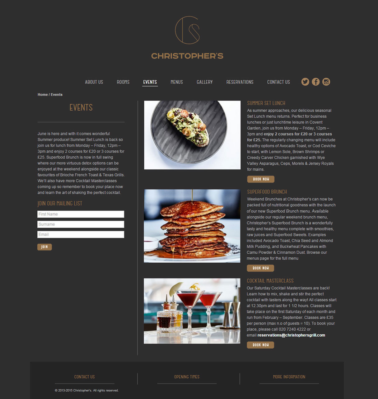 Christopher's Reataurant website design, Events page