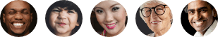 Five faces of people from mixed ethnicity